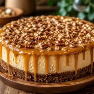 Delicious honey garlic cheesecake topped with caramel drizzle and garnished with herbs.