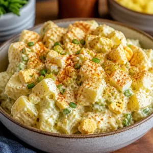 Creamy, flavorful potato salad served in a bowl for summer gatherings.