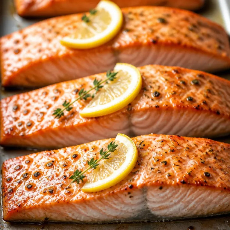 Delicious baked salmon with lemon and garlic, served on a white plate.