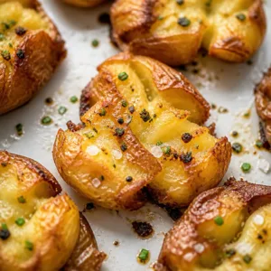 Delicious crispy smashed potatoes topped with garlic and herbs.
