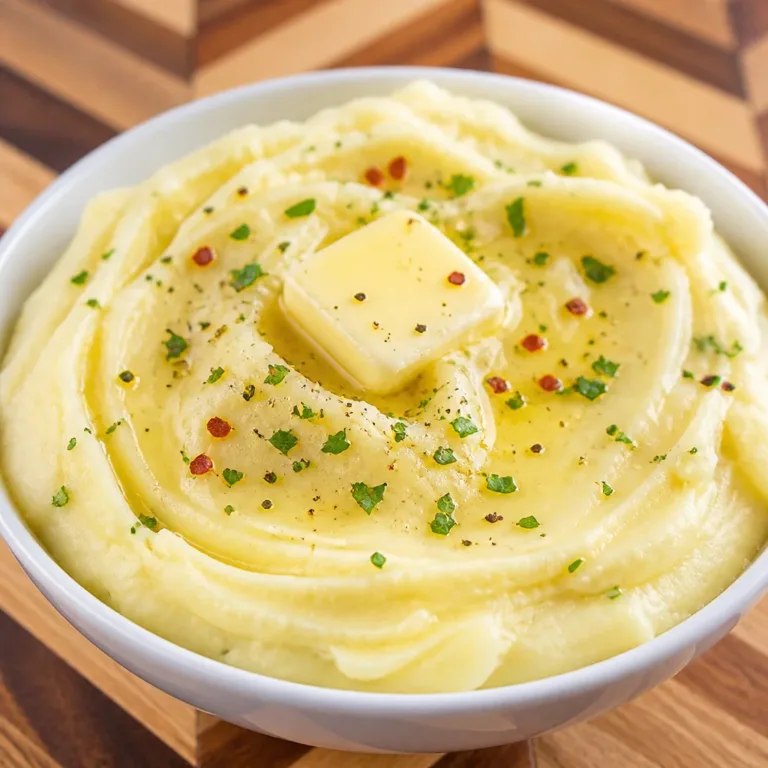 A bowl of buttery, creamy mashed potatoes topped with fresh herbs.