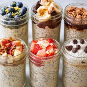 A bowl of delicious overnight oats topped with fresh fruit and nuts.
