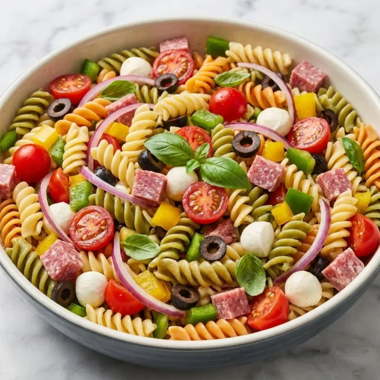 Antipasto Pasta Salad with Zesty Italian Dressing in a colorful bowl