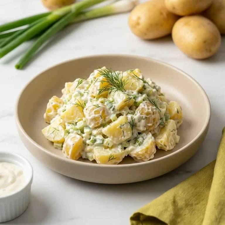 Delicious Hellman's potato salad served in a bowl with fresh herbs.