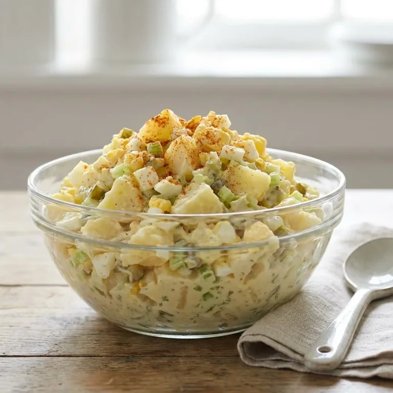Creamy potato salad with eggs, onions, and herbs served in a bowl