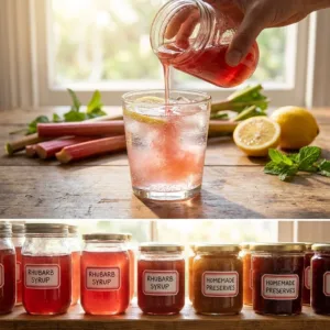 Canning rhubarb simple syrup in jars for preservation