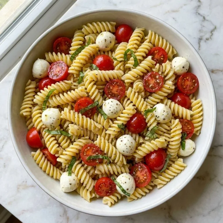 Creamy Caprese pasta salad with fresh tomatoes, mozzarella, and basil