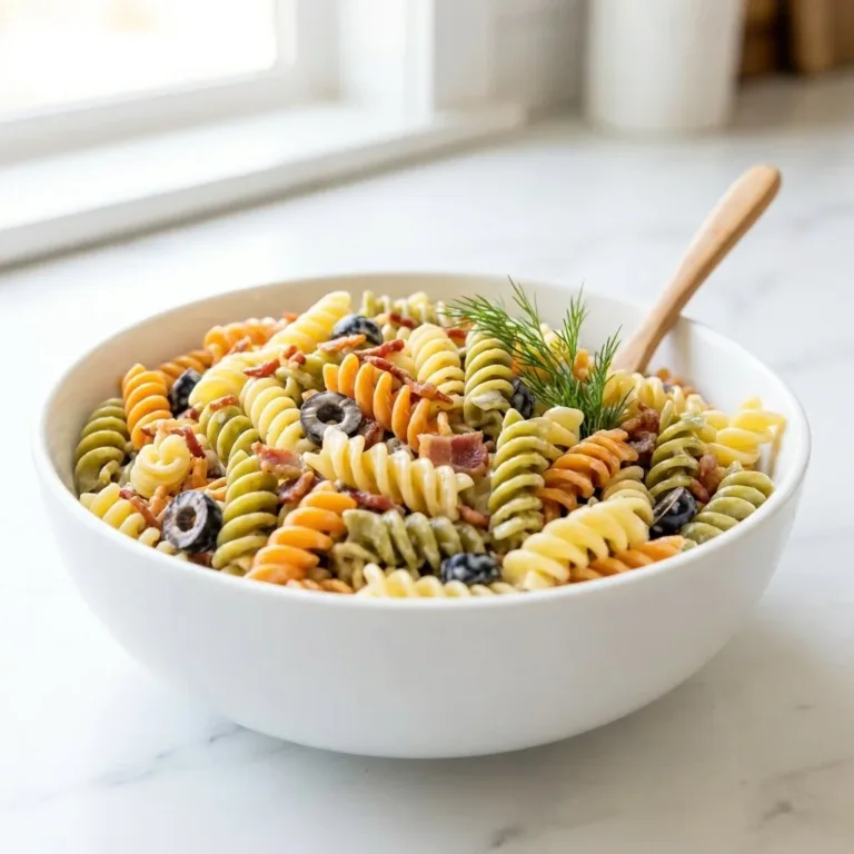 Bowl of creamy ranch pasta salad with fresh vegetables and herbs
