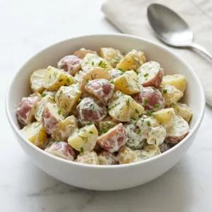 Creamy red potato salad served in a bowl, ideal for summer gatherings.
