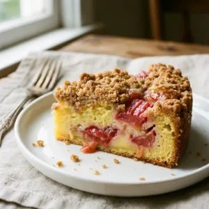 Sliced creamy rhubarb custard cake with fresh rhubarb on top.