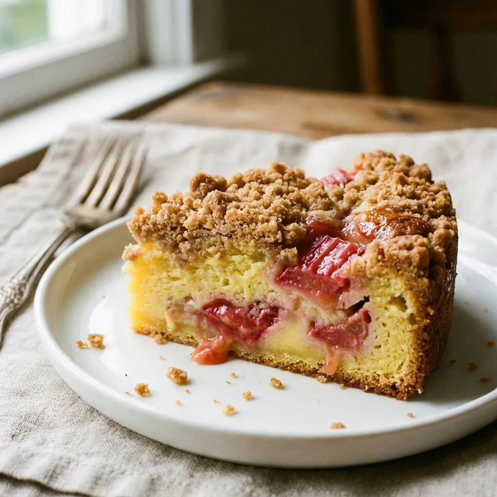 Creamy Rhubarb Custard Cake - thegirlskitchen