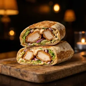 Crispy chicken caesar wrap filled with lettuce and creamy dressing