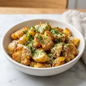 Crispy smashed potato salad served in a bowl garnished with herbs