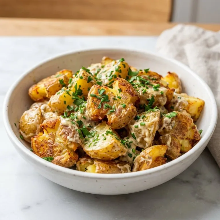 Crispy smashed potato salad served in a bowl garnished with herbs