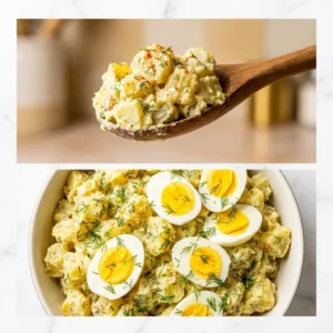 Delicious deviled egg potato salad served in a bowl, perfect for family meals.