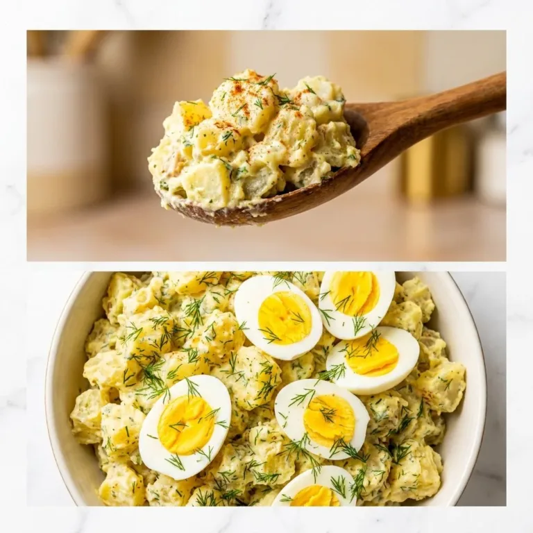 Delicious deviled egg potato salad served in a bowl, perfect for family meals.