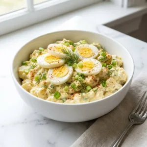 Bowl of creamy deviled egg potato salad with herbs and egg slices on top