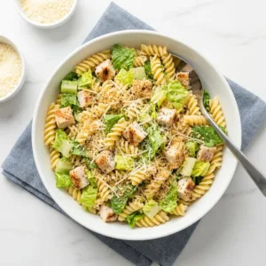 Bowl of easy Chicken Caesar Pasta Salad with fresh ingredients and dressing