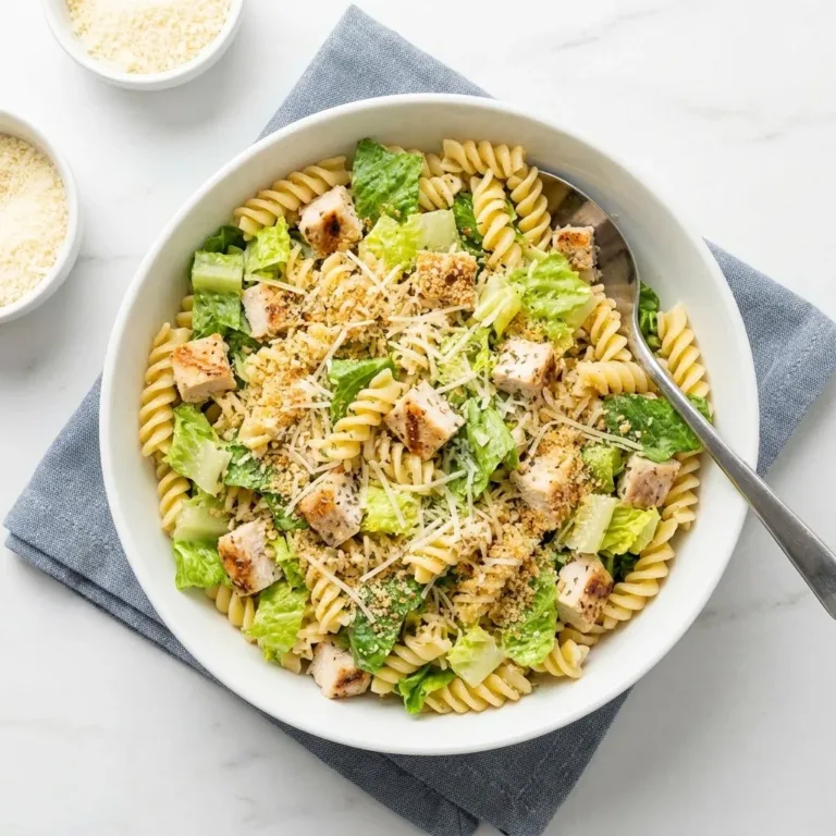 Bowl of easy Chicken Caesar Pasta Salad with fresh ingredients and dressing