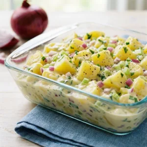 Bowl of easy copycat Walmart Amish potato salad garnished with herbs