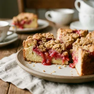 Delicious rhubarb dump cake topped with almond streusel on a plate