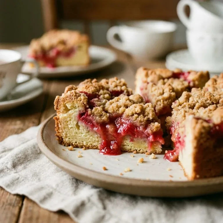Delicious rhubarb dump cake topped with almond streusel on a plate