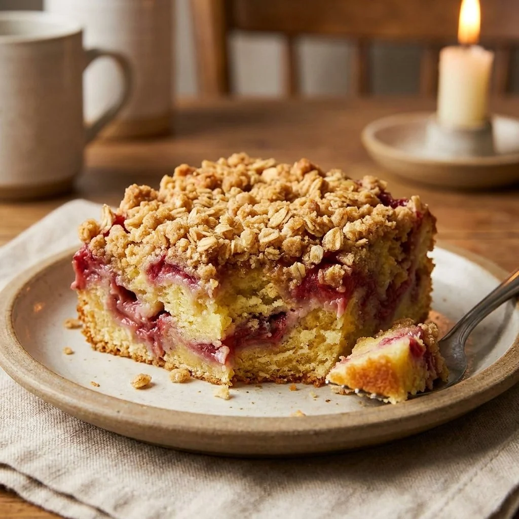 Easy Creamy Rhubarb Dump Cake Recipe with Almond Streusel Topping