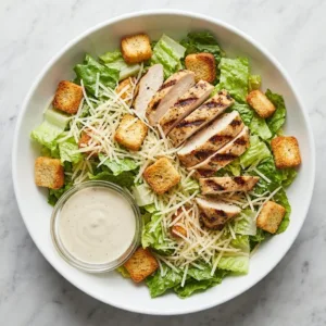 Delicious Grilled Chicken Caesar Salad served with crispy romaine and creamy dressing.