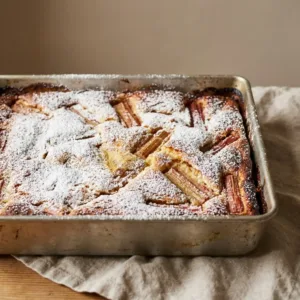 Sliced easy rhubarb cake on a plate with fresh rhubarb stalks