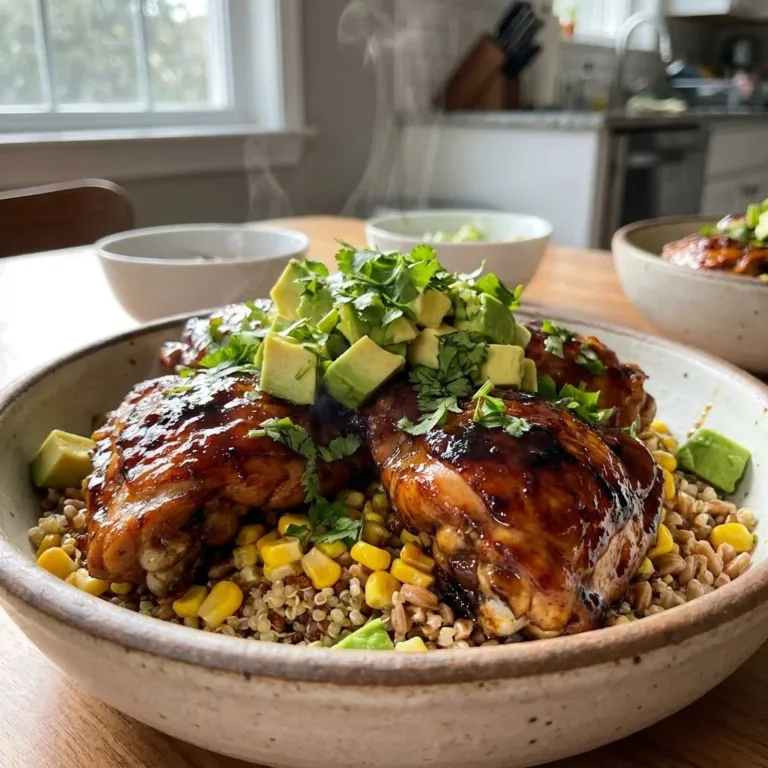 Delicious grilled chicken bowls with avocado and corn for a healthy summer meal prep.