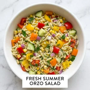 Colorful summer orzo pasta salad with vegetables in a bowl