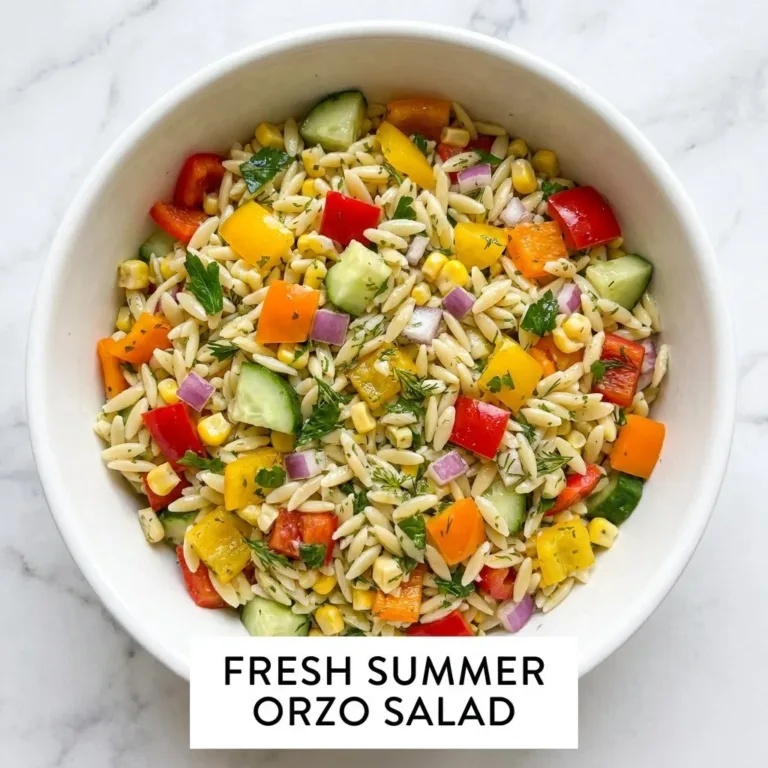 Colorful summer orzo pasta salad with vegetables in a bowl
