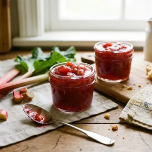 Homemade easy tangy rhubarb jam recipe without pectin for beginners