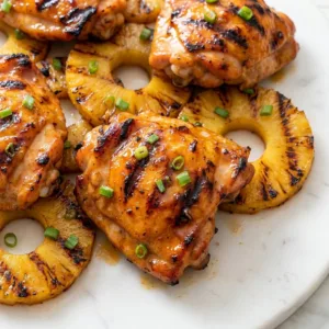 Grilled pineapple chicken served with colorful vegetables on a plate