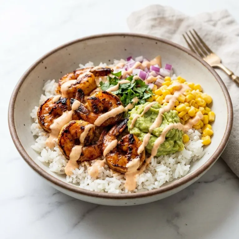 Grilled shrimp bowl with creamy spicy-lime dressing and charred corn salsa