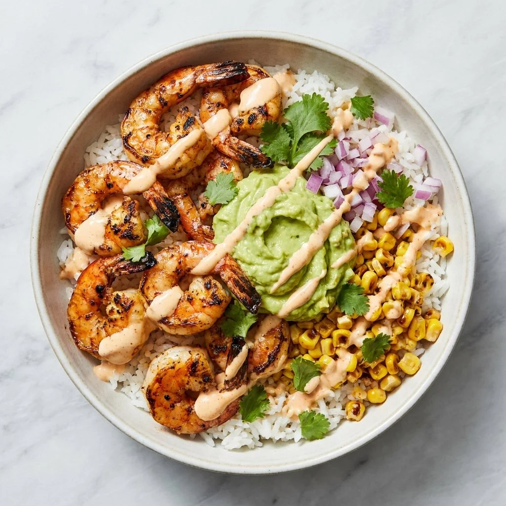 Grilled Shrimp Bowl with Creamy Spicy-Lime Dressing and Charred Corn Salsa