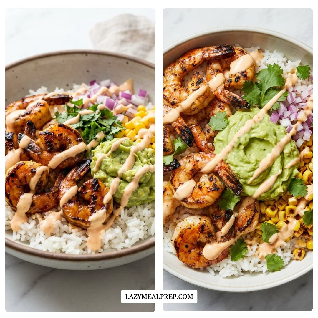 Grilled Shrimp Bowl with Creamy Spicy-Lime Dressing and Charred Corn Salsa