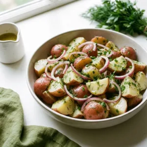 Healthy potato salad without mayo served in a bowl with fresh herbs.