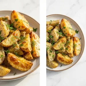 Herbed roasted potato salad served in a bowl with fresh herbs