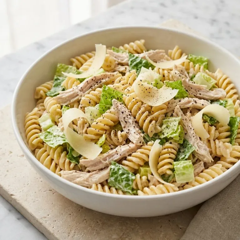 High Protein Healthy Chicken Caesar Pasta Salad with chicken, pasta, and Caesar dressing