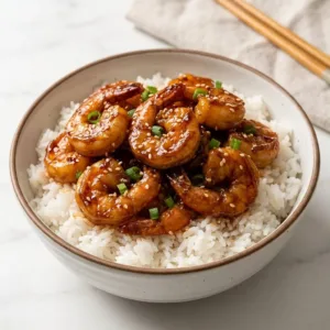 Delicious honey garlic shrimp served in a vibrant bowl with vegetables