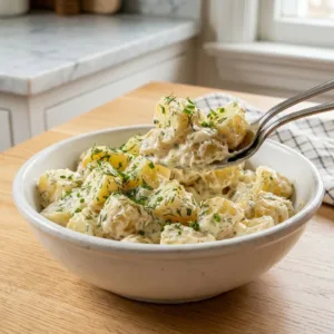 Ina Garten's delicious potato salad served in a bowl with fresh herbs