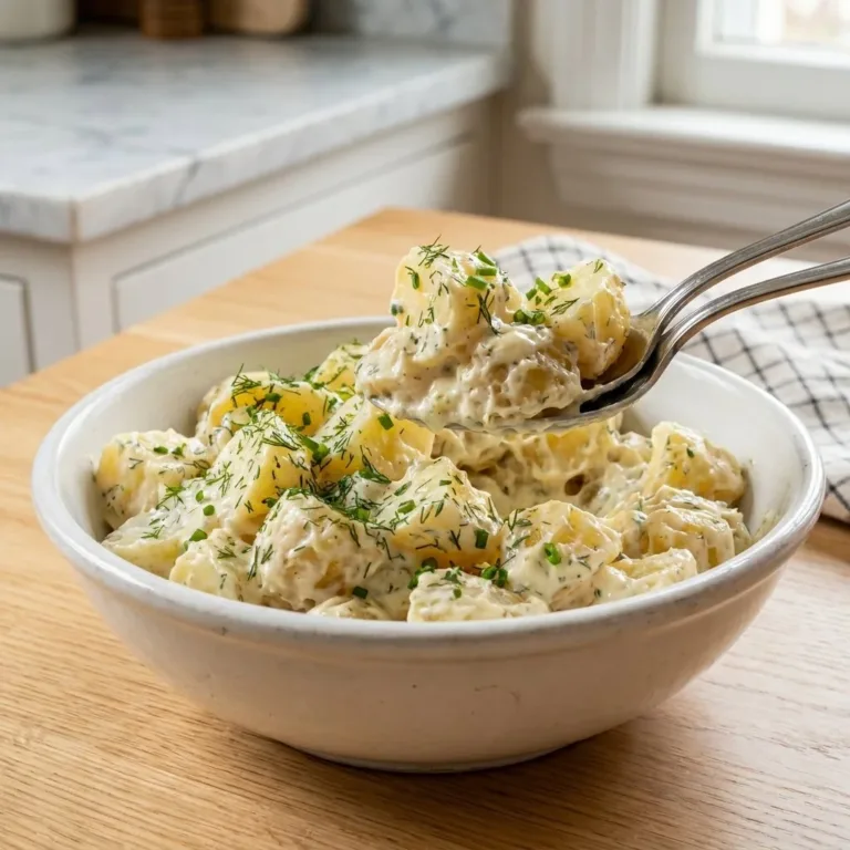 Ina Garten's delicious potato salad served in a bowl with fresh herbs