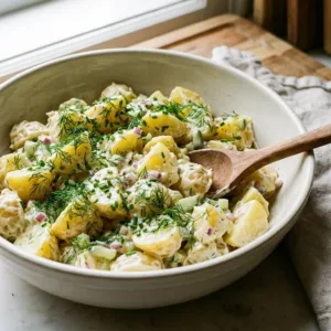 Ina Garten's flavorful potato salad served in a bowl