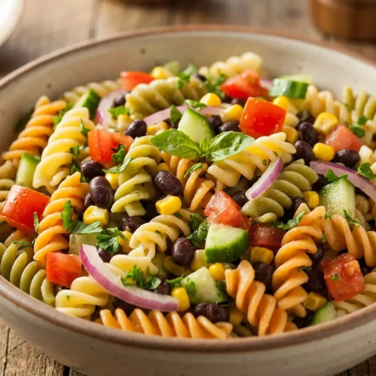 A vibrant bowl of cowboy caviar pasta salad featuring colorful vegetables and savory ingredients.
