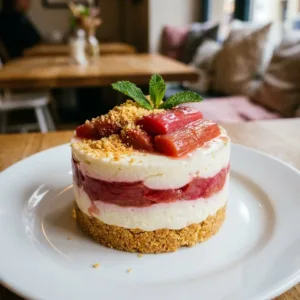Delicious layered rhubarb pudding in a glass, garnished with mint leaves.