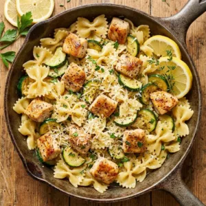Plate of homemade Lemon Chicken Pasta garnished with herbs and lemon slices.