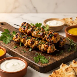 Lemon herb chicken skewers grilled to perfection with fresh herbs and lemon zest