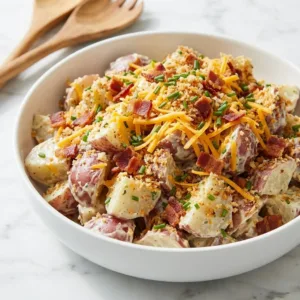 Delicious loaded potato salad served in a bowl with toppings.