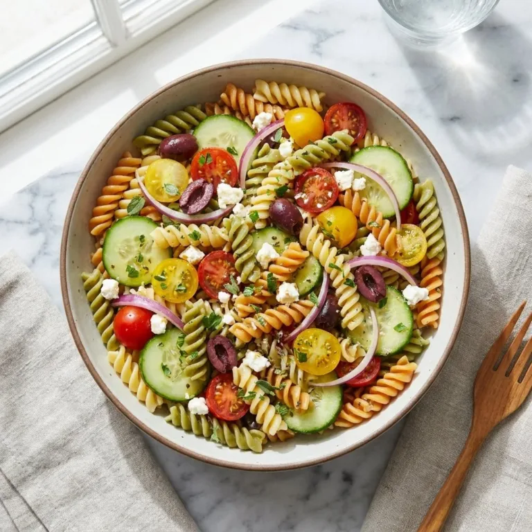 Bowl of Mediterranean Pasta Salad with Zesty Lemon Herb Vinaigrette and fresh ingredients.